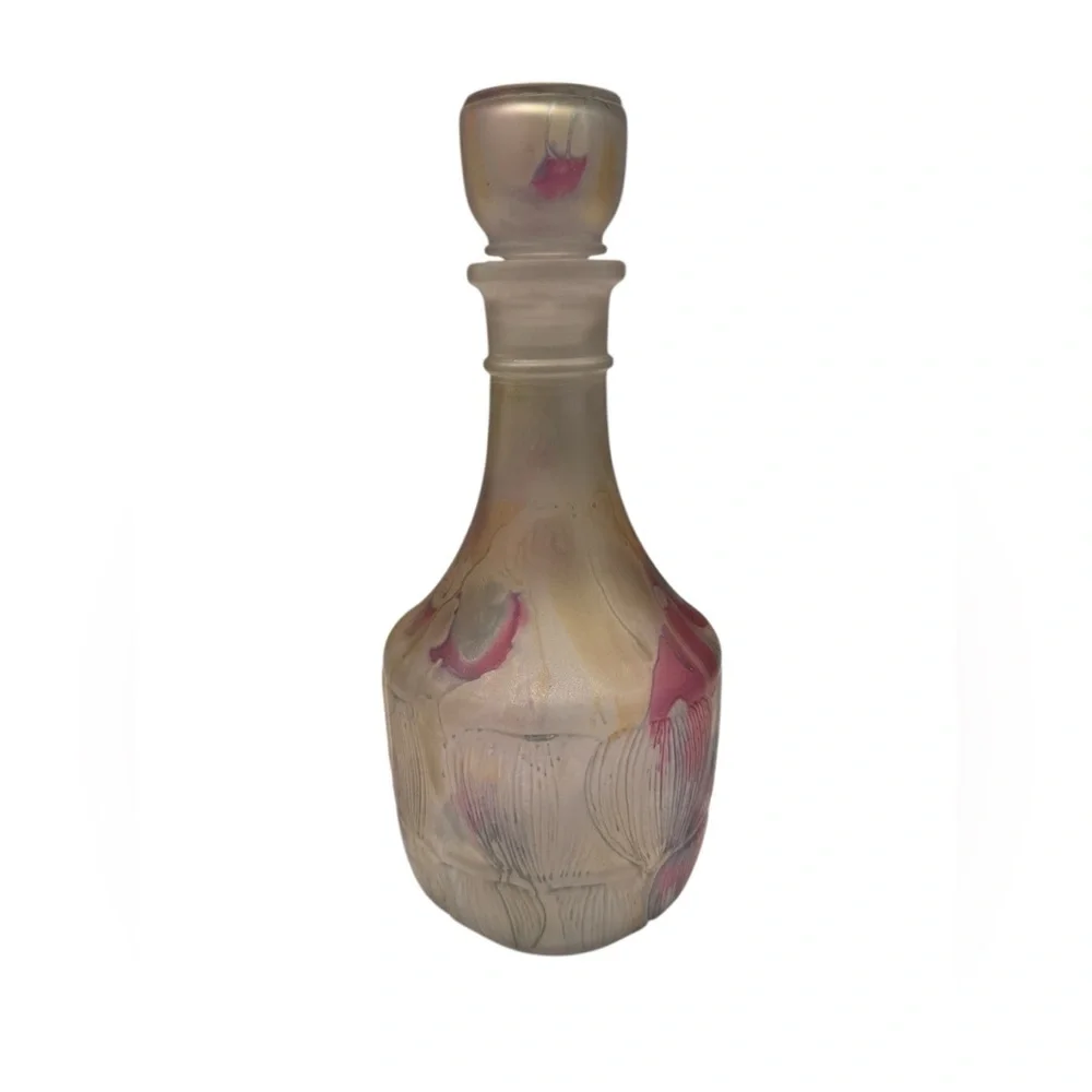 Nouveau Art Glass Wine Decanter Multi-Color Hand Painted Abstract Design France